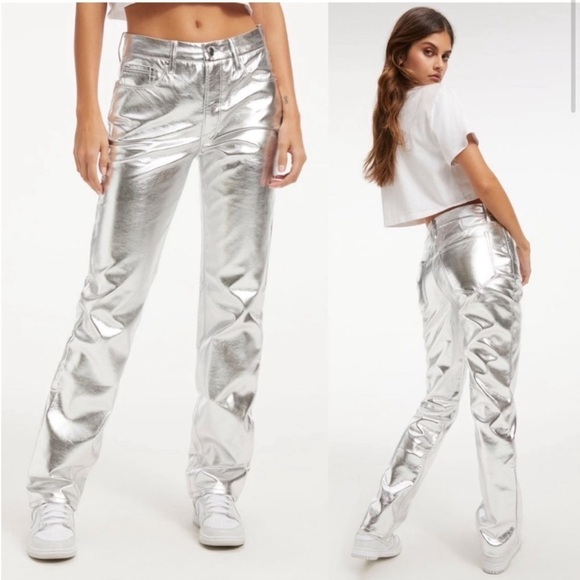 Good American Faux Leather Good Icon Straight Pants Silver Metallic Disco 8 29 - Picture 2 of 14